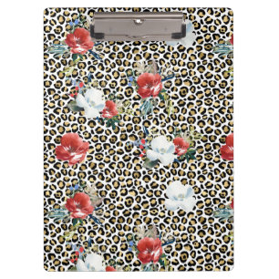 Gold Leopard Print Red White Floral Clipboard