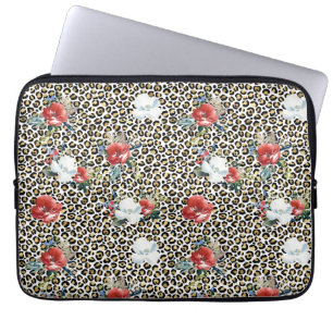Gold Leopard Print Red White Floral Laptop Sleeve