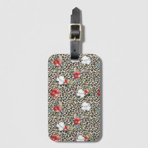 Gold Leopard Print Red White Floral Luggage Tag