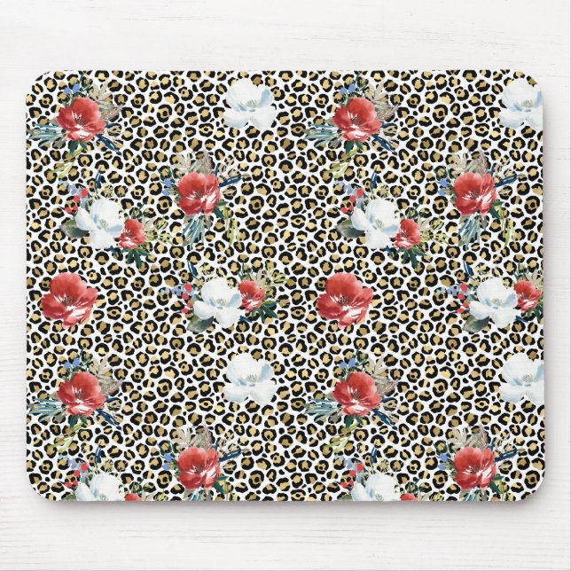 Gold Leopard Print Red White Floral Mouse Pad (Front)