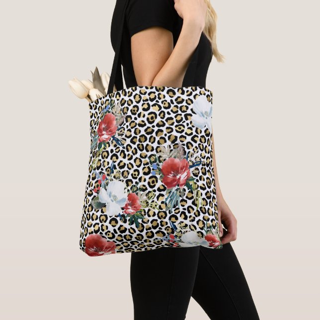 Gold Leopard Print Red White Floral Tote Bag (Close Up)