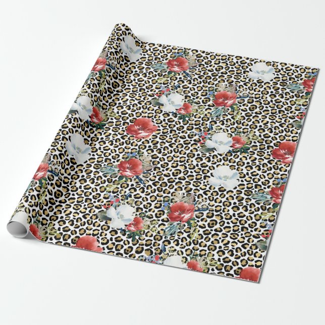 Gold Leopard Print Red White Floral Wrapping Paper (Unrolled)