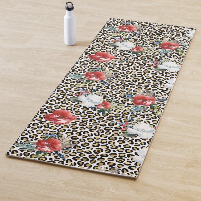 Gold Leopard Print Red White Floral Yoga Mat (In Situ)