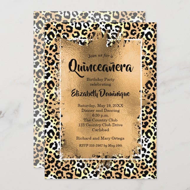 Gold Leopard Quinceañera Birthday Party Invitation (Front/Back)