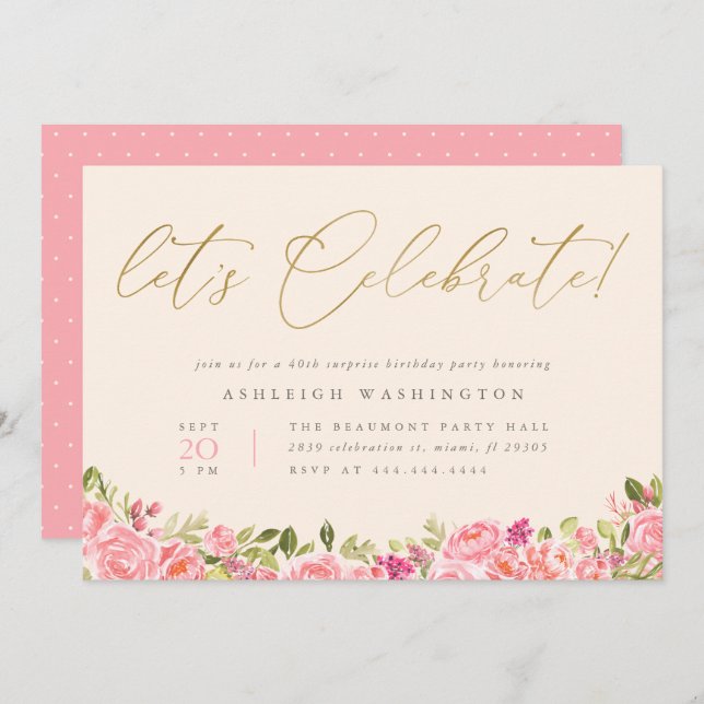 Gold Let's Celebrate Floral Surprise Birthday Invitation (Front/Back)