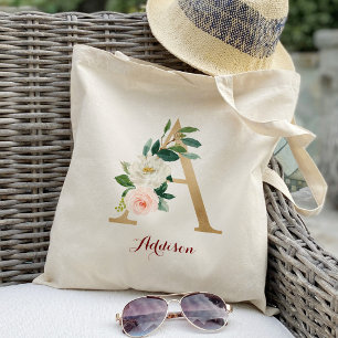 Gold Letter A and Blush Floral Personalised Tote Bag