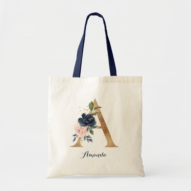 Gold Letter A and Blush Floral Personalized chic Tote Bag (Front)