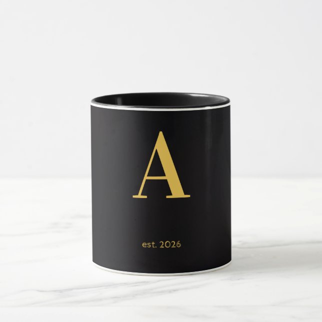 Gold Letter A Black Mug | Minimalist Monogram Mug  (Center)