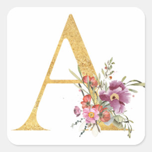 Gold letter A with flowers Square Sticker