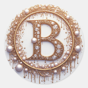Gold Letter B Monogram Pearls Jewellery  Wedding  Classic Round Sticker