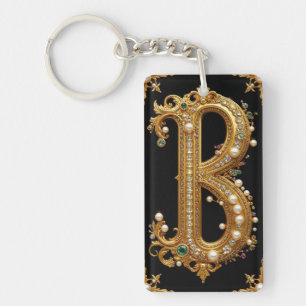 Gold Letter B Monogram With Diamonds and Pearls Key Ring