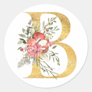 Gold letter B with flowers Classic Round Sticker