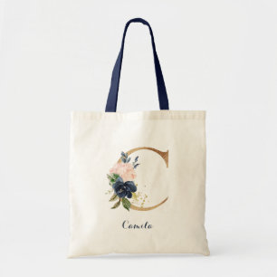 Gold Letter C and Blush Floral Personalised Tote Bag