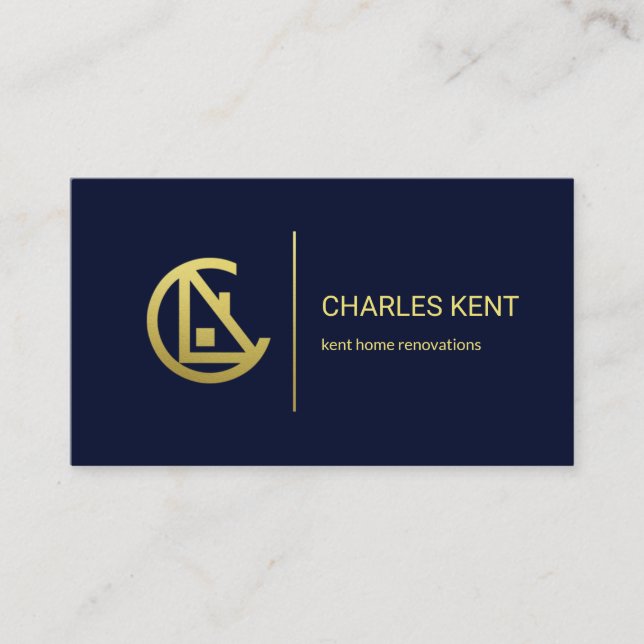 Gold Letter-C Home Minimalist Blue Construction Business Card (Front)