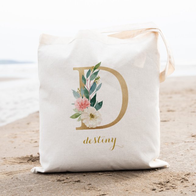 Gold Letter D and Blush Floral Personalised Tote Bag (Creator Uploaded)