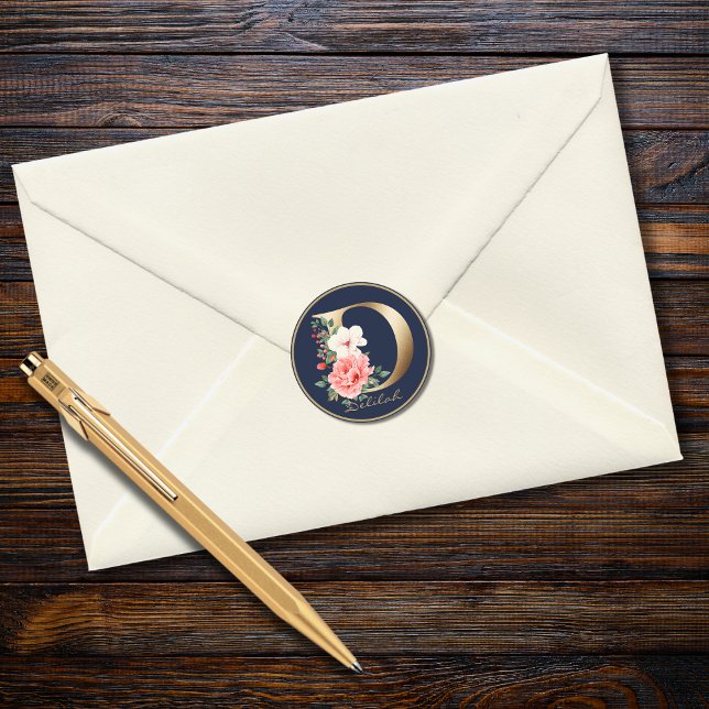 gold Letter D Elegant Navy Floral Monogram Classic Round Sticker (Creator Uploaded)