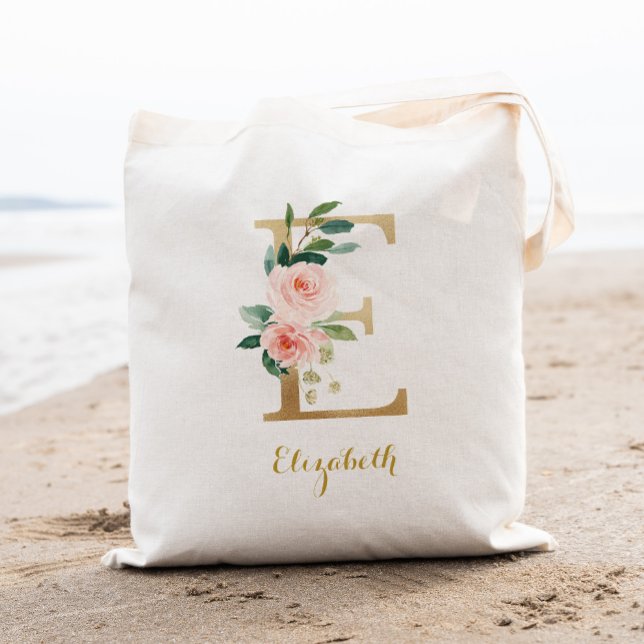 Gold Letter E and Blush Floral Personalised Tote Bag (Creator Uploaded)