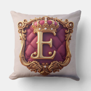 Gold Letter E Crowned On Red Velvet Frame Design Cushion