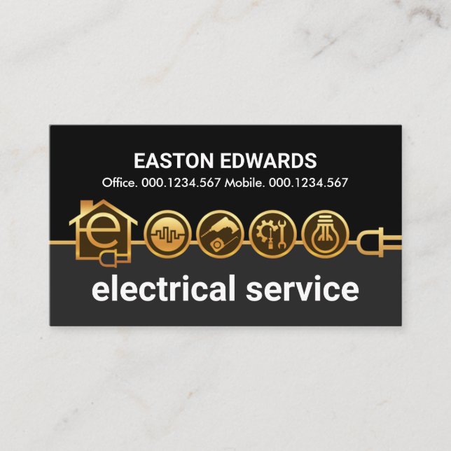 Gold Letter-e Electrical Icons Power Line Business Card (Front)