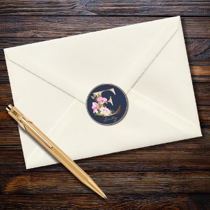 Gold Letter E Elegant Navy Floral Monogram Classic Round Sticker