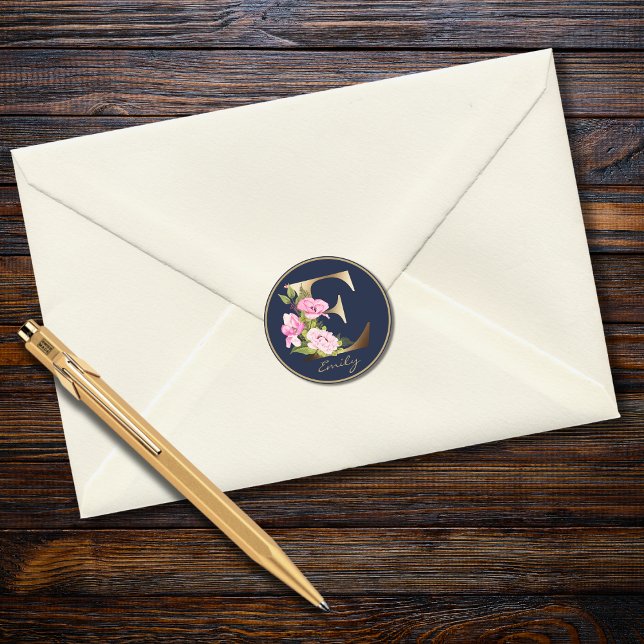 Gold Letter E Elegant Navy Floral Monogram Classic Round Sticker (Creator Uploaded)