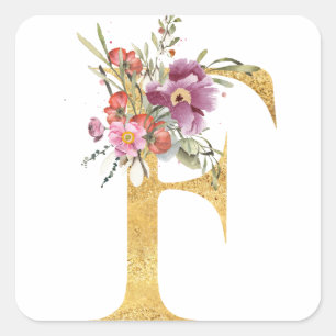 Gold letter F with flowers Square Sticker