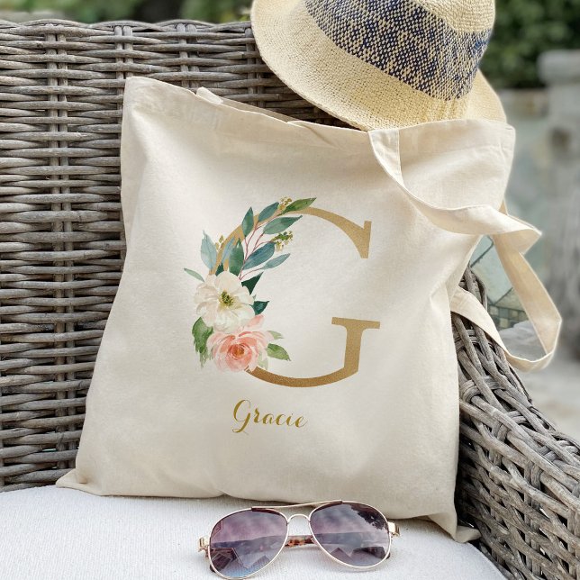 Gold Letter G and Blush Floral Personalised Tote Bag (Creator Uploaded)