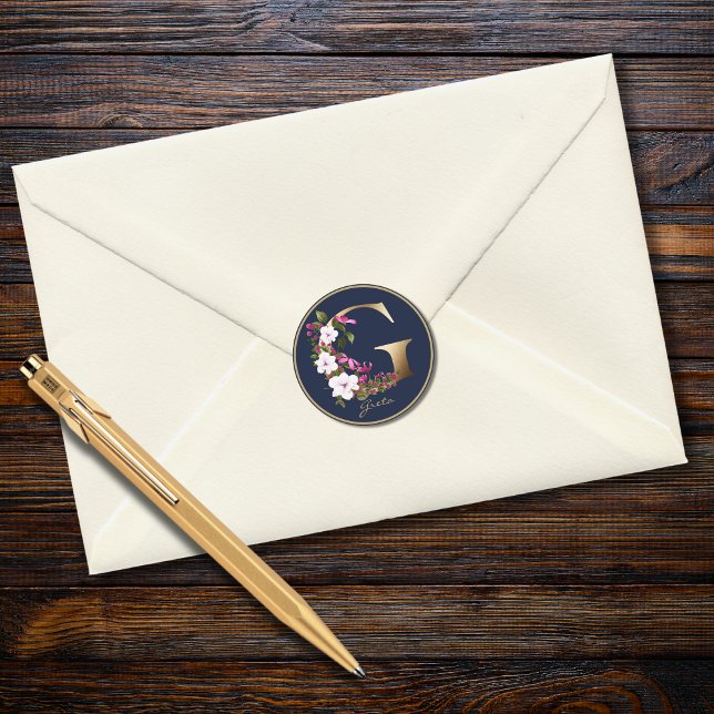 Gold Letter G Elegant Navy Floral Monogram Classic Round Sticker (Creator Uploaded)