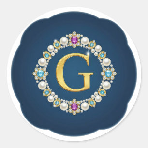 Gold Letter G Pendant Embellished With Pearls Classic Round Sticker