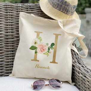 Gold Letter H and Blush Floral Personalised Tote Bag