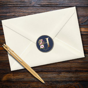 Gold Letter H Elegant Navy Floral Monogram Classic Round Sticker