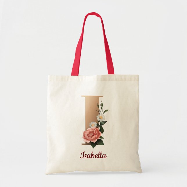 Gold Letter I and Blush Floral Personalised chic Tote Bag (Front)