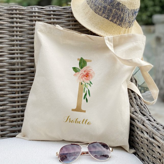 Gold Letter I and Blush Floral Personalized Tote Bag (Creator Uploaded)