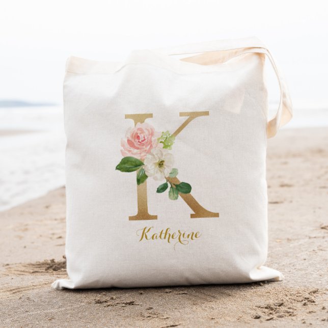 Gold Letter K and Blush Floral Personalised Tote Bag (Creator Uploaded)