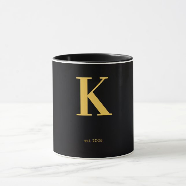 Gold Letter k Black Mug | Minimalist Monogram Mug (Center)