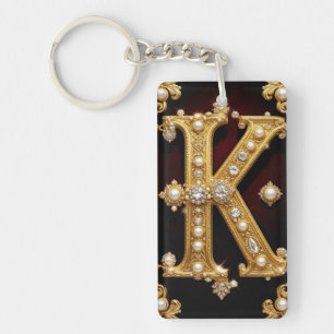Gold Letter K Monogram With Diamonds and Pearls Key Ring