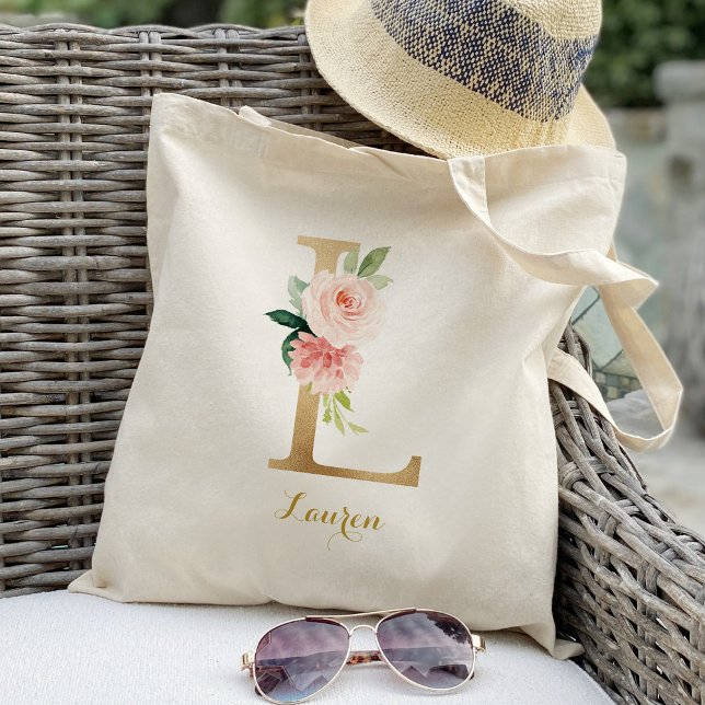 Gold Letter L and Blush Floral Personalised Tote Bag (Creator Uploaded)