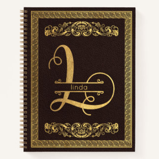 Gold Letter L & Name on Brown Leather Monogrammed Notebook