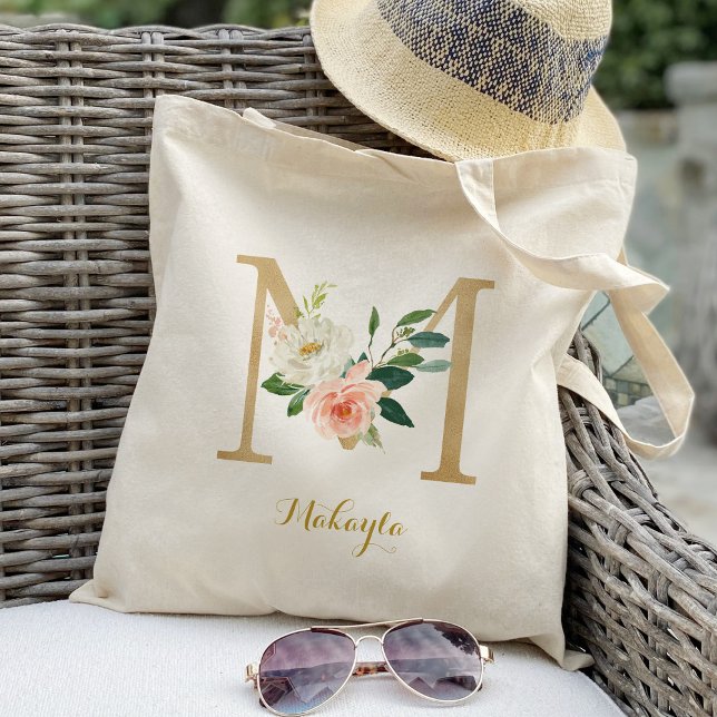 Gold Letter M and Blush Floral Personalised Tote Bag (Creator Uploaded)