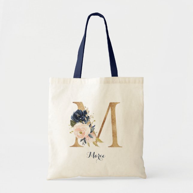 Gold Letter M and Blush Floral Personalised Tote Bag (Front)