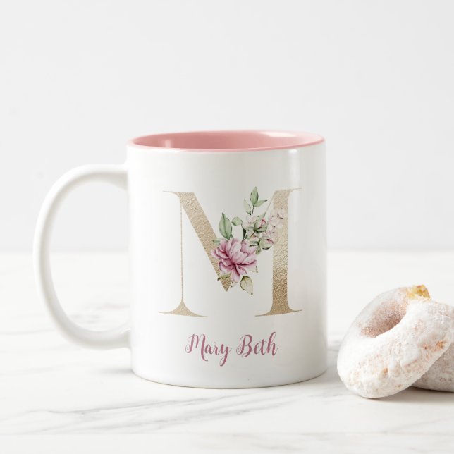 Gold Letter M, Monogram M, Pink Floral Gift Her Two-Tone Coffee Mug (With Donut)