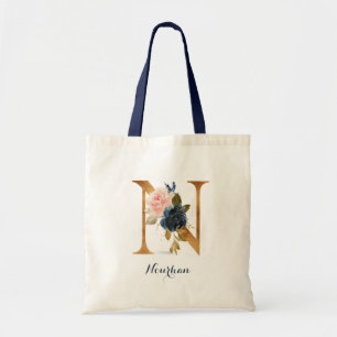 Gold Letter N and Blush Floral Personalized Tote Bag