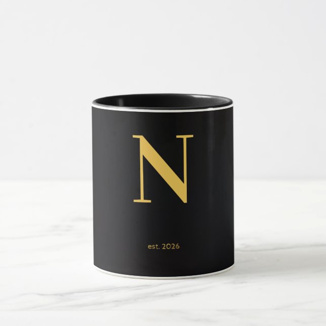 Gold Letter  N Black Mug | Minimalist Monogram Mug (Center)