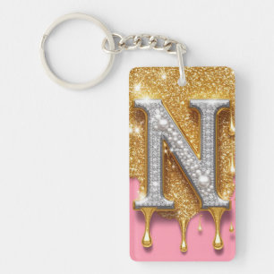 Gold Letter N Initial Diamond Pink Background Gift Key Ring