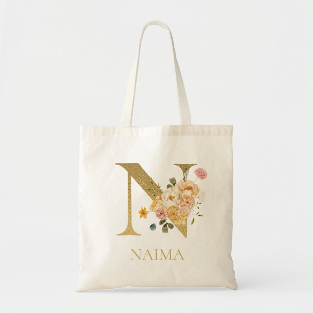 Gold Letter N Monogram Floral Watercolor Tote Bag (Front)