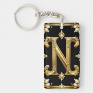 Gold Letter N Monogram With Diamonds and Pearls Key Ring
