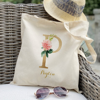 Gold Letter P and Blush Floral Personalised Tote Bag