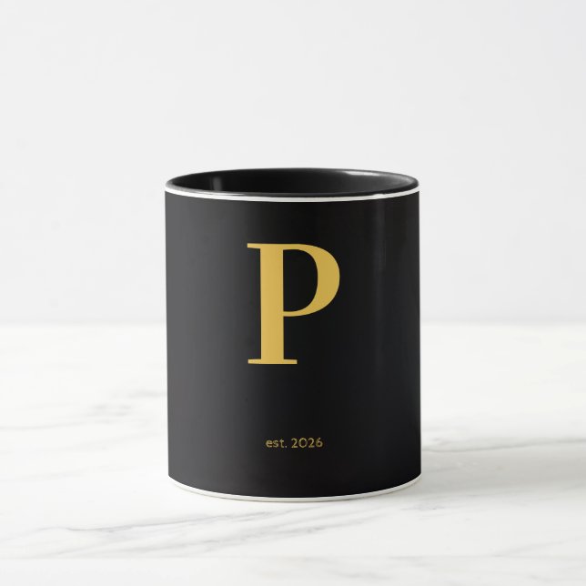 Gold Letter P Black Mug | Minimalist Monogram Mug (Center)