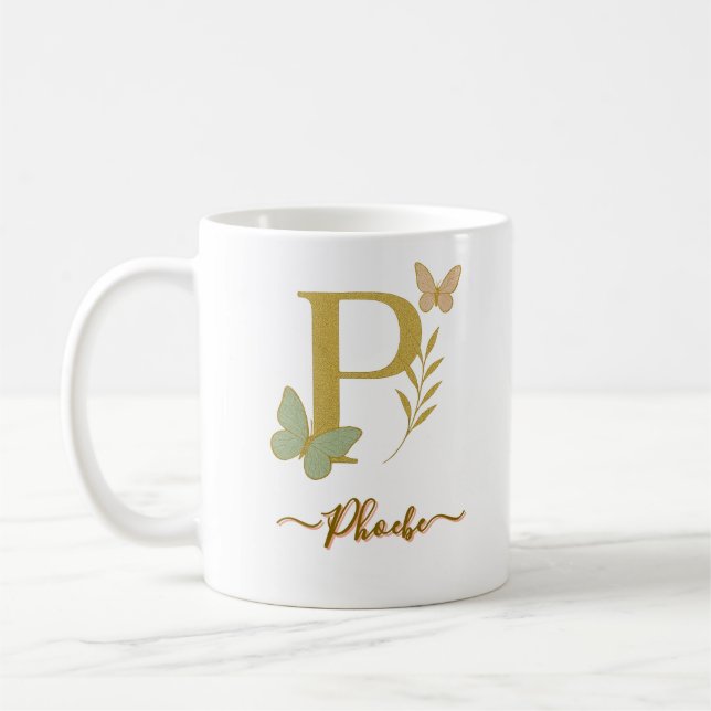 Gold Letter P Butterfly Mug Design (Left)