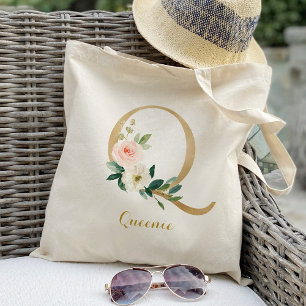 Gold Letter Q and Blush Floral Personalized Tote Bag